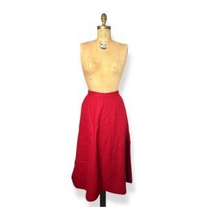 Vintage Wool Red A-Line Midi Skirt with Pockets